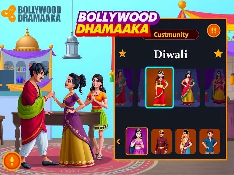 Bollywood Drama Dhamaka gameplay screenshot showing vibrant Indian-themed interface